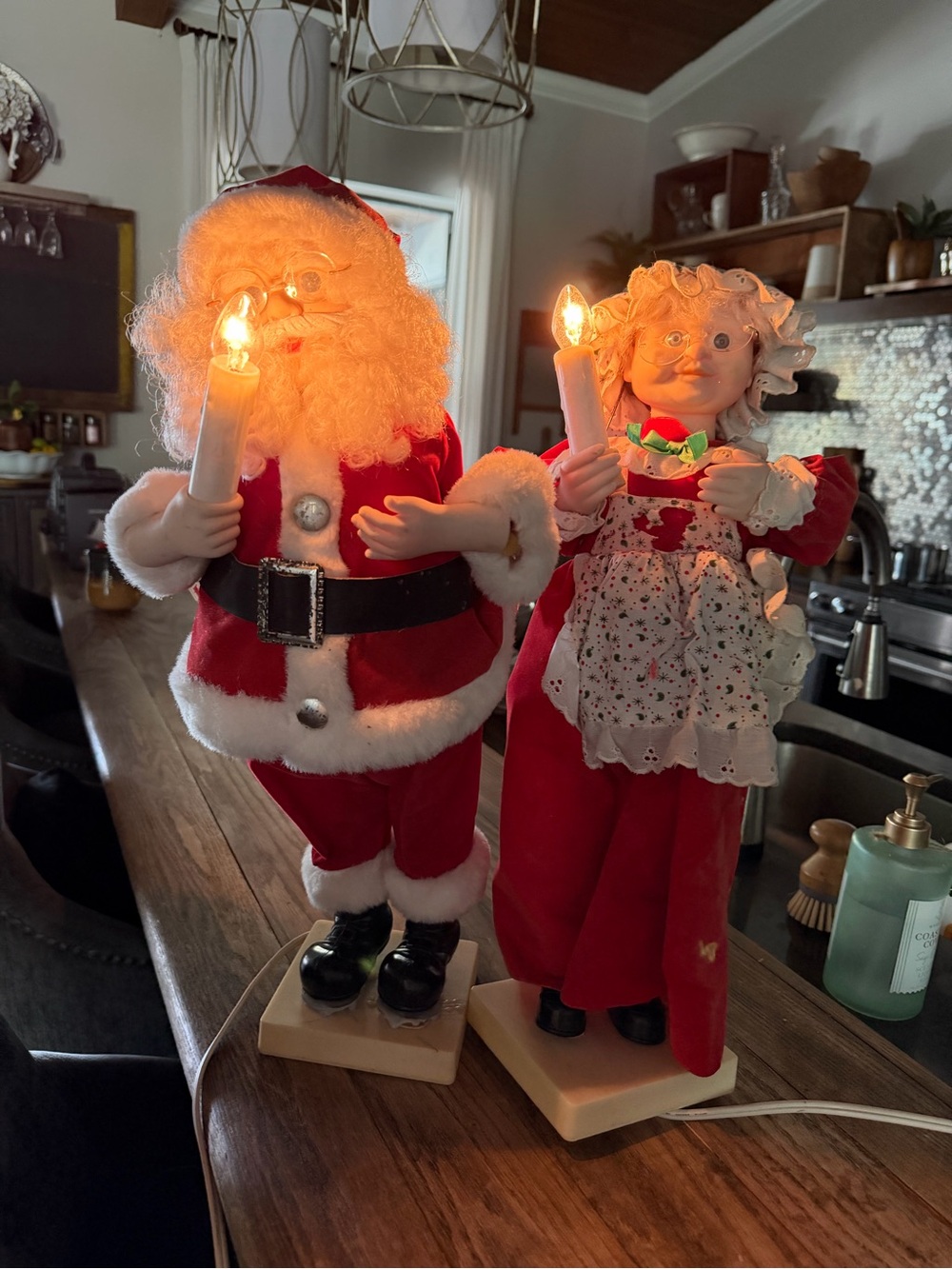 Vintage motion Holiday Santa and Mrs. Claus Lighted Figurine Set - Red